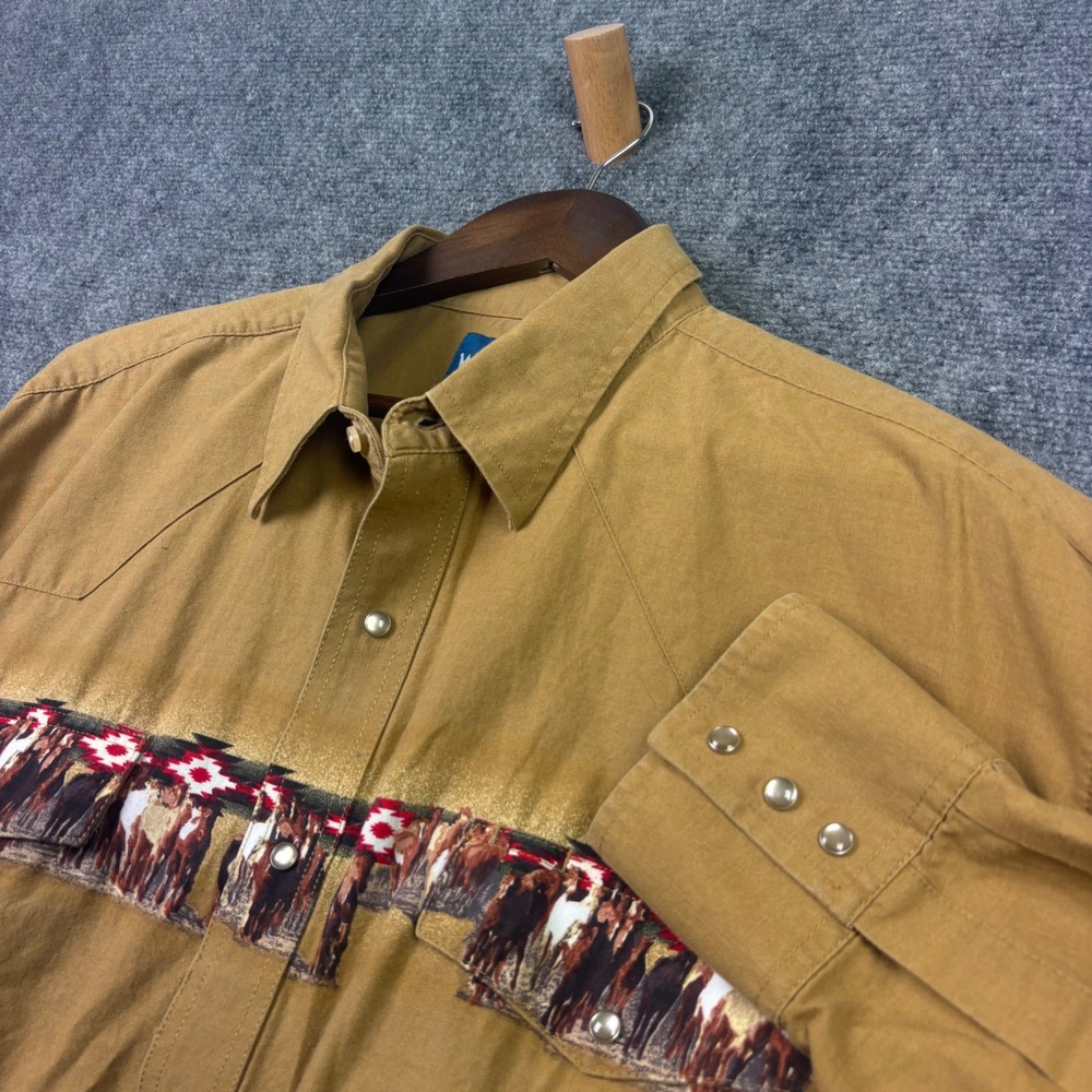 Wrangler Western Shirt Mens XXL Tan Horse Graphic Snap Button Cotton MC1079M